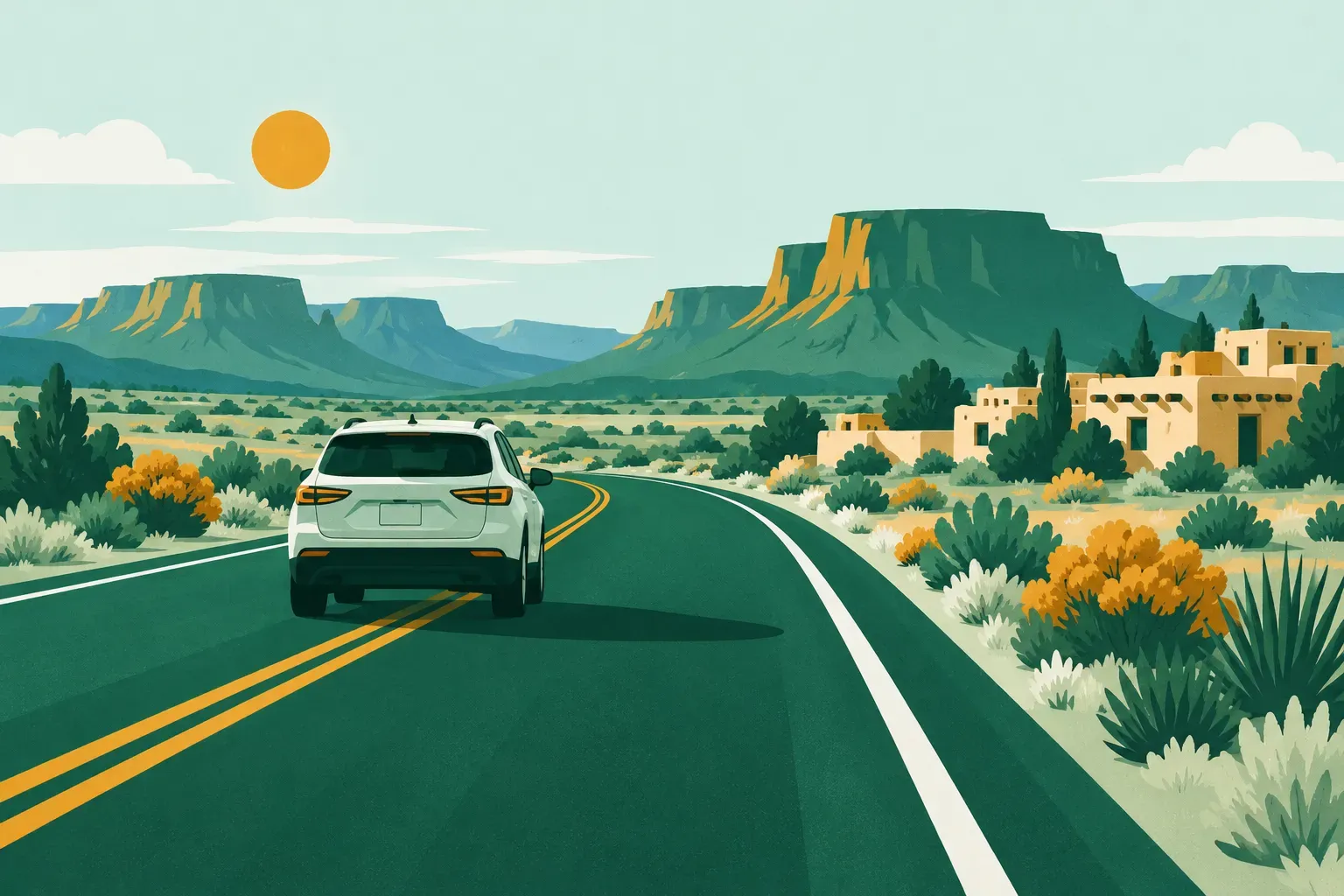 A desert road with mesas and adobe buildings, a typical landscape of New Mexico