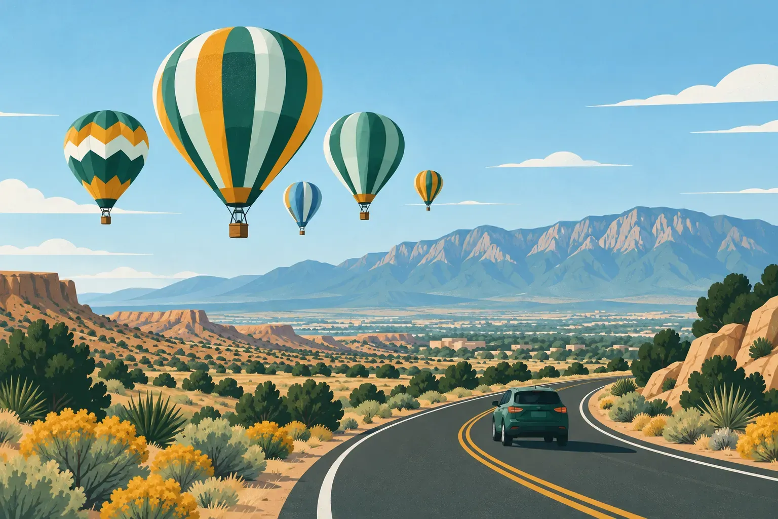 Colorful hot air balloons rising over the desert and mountains near Albuquerque, in New Mexico